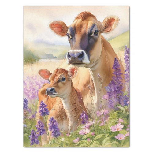 Cute Jersey Cow and Calf Wildflower Decoupage Tissue Paper