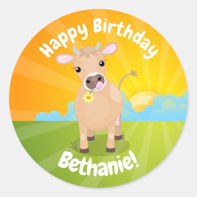 Cute Jersey cow personalised birthday Classic Round Sticker (Front)
