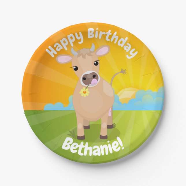 Cute Jersey cow personalised birthday Paper Plates (Front)