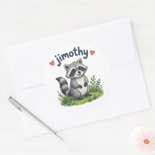 Cute Jimothy Raccoon in the Garden with Hearts Classic Round Sticker