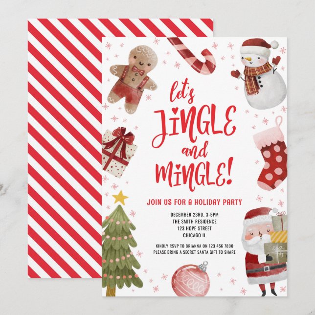 Cute Jingle and Mingle Red Christmas Holiday Party Invitation (Front/Back)
