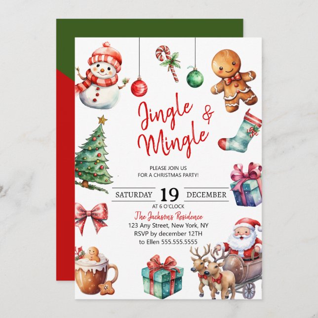 Cute Jingle & Mingle Christmas Party Invitation (Front/Back)