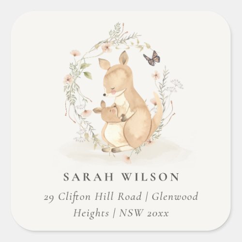 Cute Joey Mama Kangaroo Floral Wreath Address Square Sticker