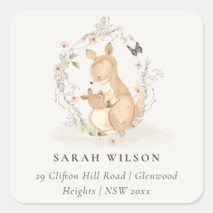 Cute Joey Mama Kangaroo Floral Wreath Address Square Sticker