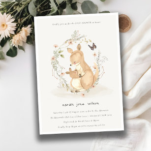 Cute Joey Mama Kangaroo Floral Wreath Baby Shower Invitation