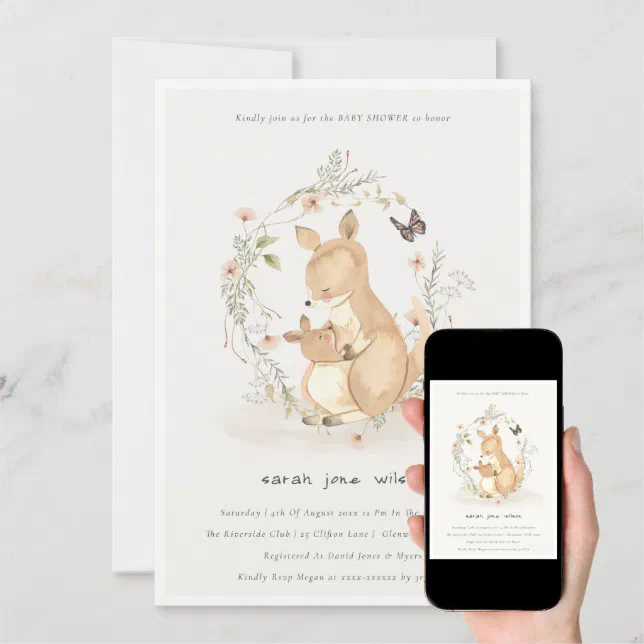 Cute Joey Mama Kangaroo Floral Wreath Baby Shower Invitation Zazzle
