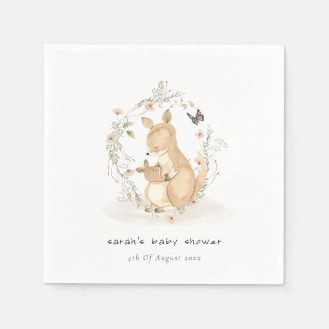 Cute Joey Mama Kangaroo Floral Wreath Baby Shower Napkins (Front)