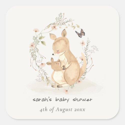 Cute Joey Mama Kangaroo Floral Wreath Baby Shower Square Sticker
