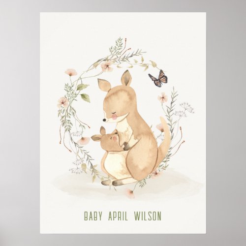 Cute Joey Mama Kangaroo Watercolor Floral Baby Poster