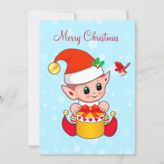 Cute Jolly Christmas elf & cardinal bird