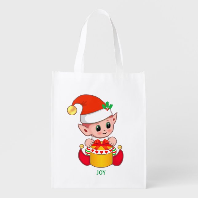 Cute jolly Christmas elf Grocery Bag (Front)