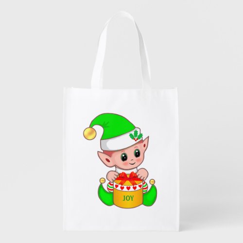 Cute jolly Christmas elf in green Grocery Bag