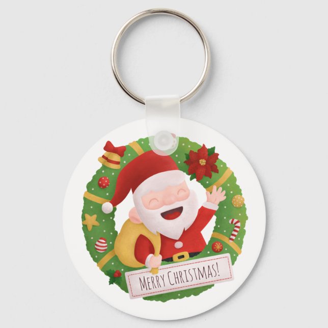 Cute Jolly Father Santa Claus Wreath Keychain (Front)