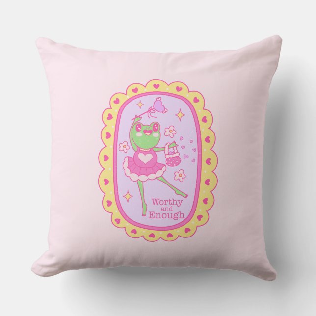 Cute Jolly Frog - Worthy and Enough Throw Pillow (Front)
