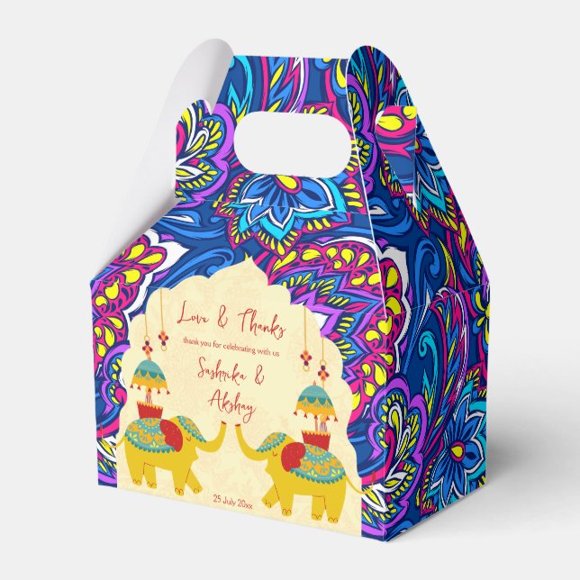 Cute jolly Indian wedding elephants yellow blue Favor Boxes (Front Side)