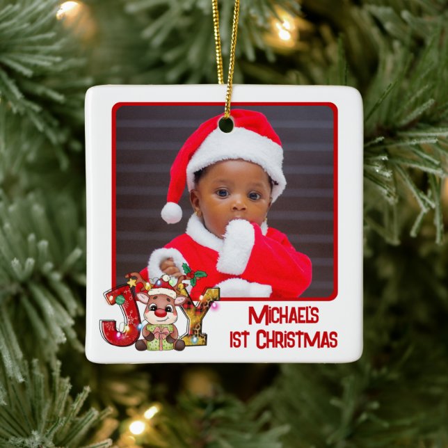 Cute Joy Reindeer 2 Photo Baby's 1st Christmas Ceramic Ornament (Tree)