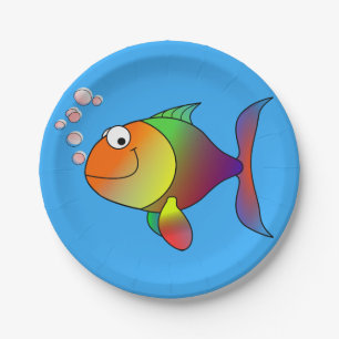 Cute Joyful Goldfish in Sea, Light Blue Paper Plates