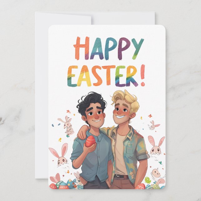 Cute Joyous Gay Gouple Easter Card (Front)