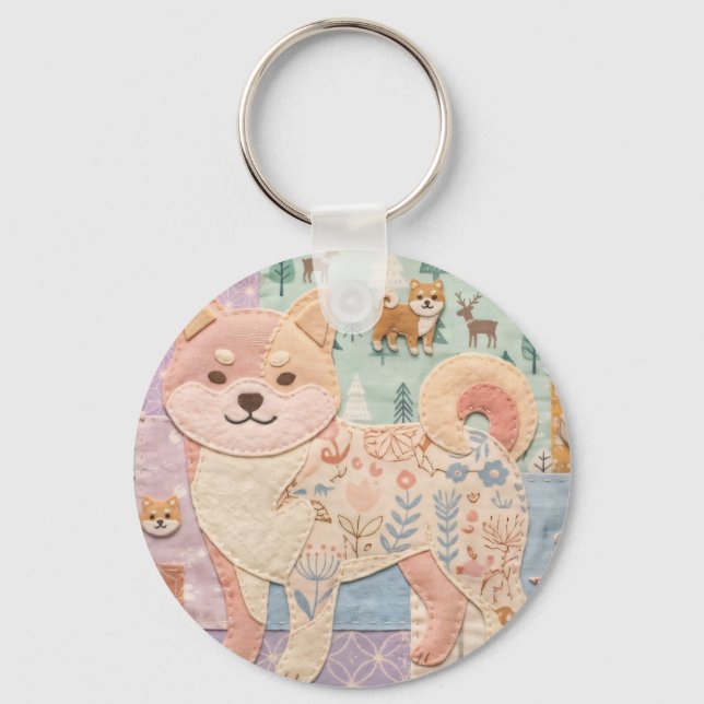 Cute Jpanese Shiba Inu Patchwork Floral Pattern Keychain (Front)