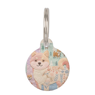 Cute Jpanese Shiba Inu Patchwork Floral Pattern Pet ID Tag