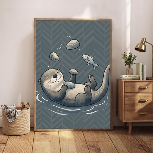 Cute Juggling Otter Nursery Art Chevron Background Poster