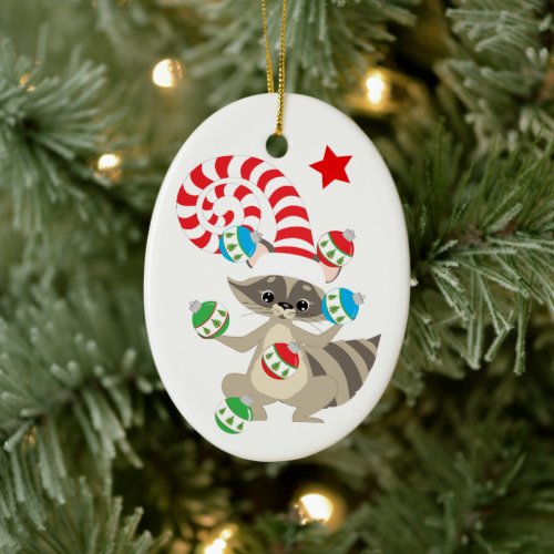 Cute Juggling Raccoon Kids Christmas Ceramic Ornament