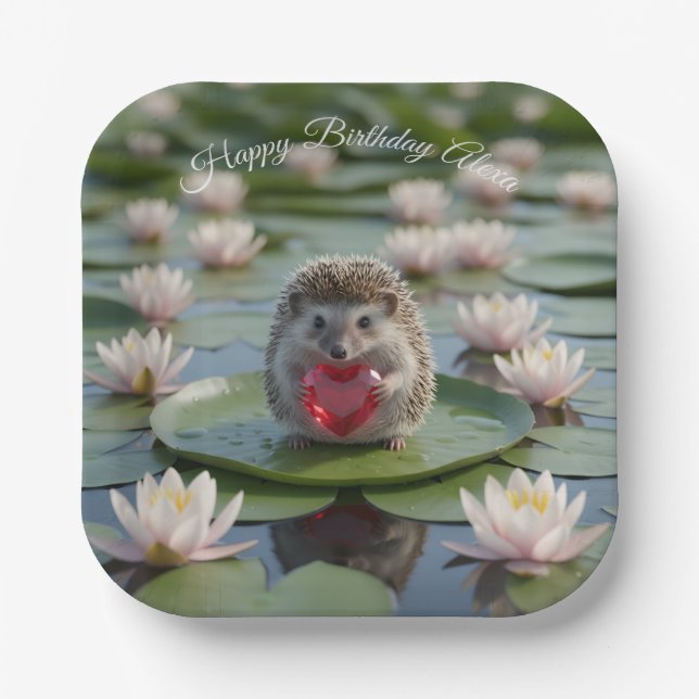 Cute July Hedgehog with Ruby Heart Paper Plates (Front)