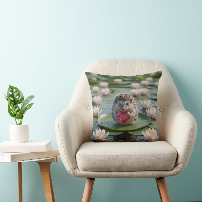 Cute July Hedgehog with Ruby Heart Throw Pillow (Chair)