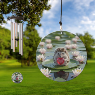 Cute July Hedgehog with Ruby Heart Wind Chime