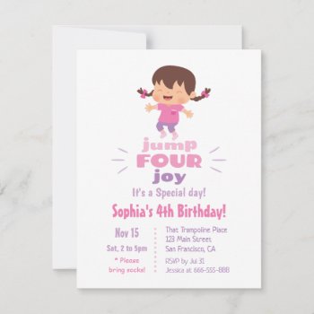 Cute Jump Four Joy Girls 4th Birthday Party Invitation by RustyDoodle at Zazzle