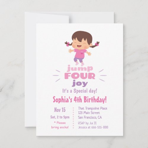 Cute Jump Four Joy Girls 4th Birthday Party Invitation
