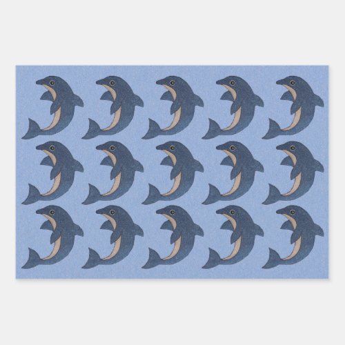Cute Jumping Blue White Purple Green Dolphins Wrapping Paper Sheets