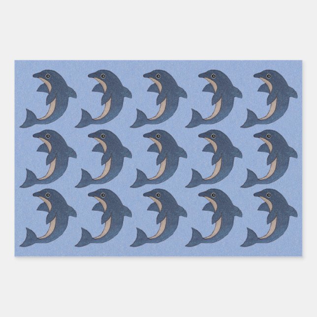 Cute Jumping Blue White Purple Green Dolphins Wrapping Paper Sheets (Front)