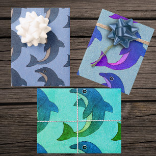 Cute Jumping Blue White Purple Green Dolphins Wrapping Paper Sheets