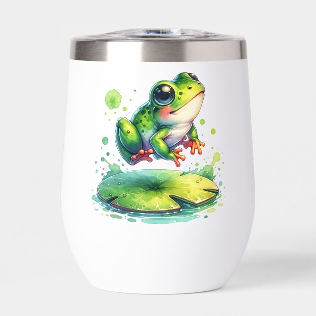 Cute Jumping Frog Whimsical Ai Art Thermal Wine Tumbler (Front)