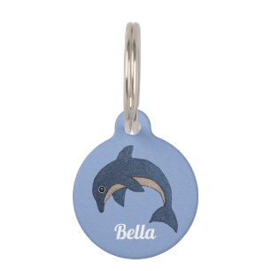 Cute Jumping Glittery Dolphin Dark Blue and White Pet ID Tag