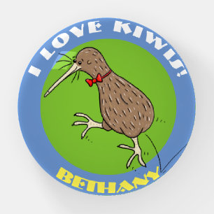 Cute jumping happy kiwi bird with bow tie cartoon paperweight