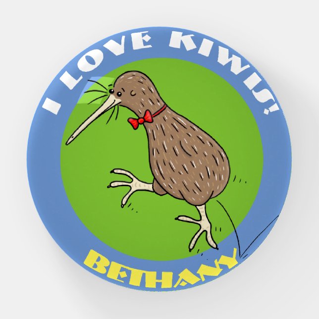 Cute jumping happy kiwi bird with bow tie cartoon paperweight (Front)