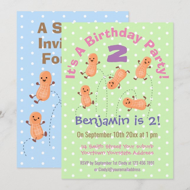 Cute jumping peanuts cartoon illustration invitation (Front/Back)