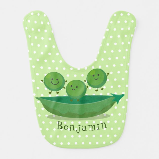 Cute jumping peas in pod cartoon illustration baby bib (Front)