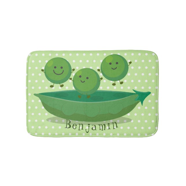 Cute jumping peas in pod cartoon illustration bath mat (Front)