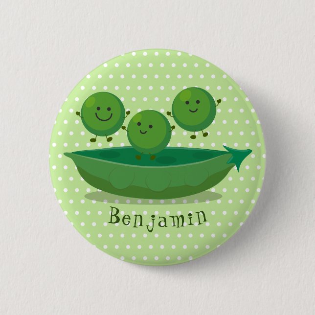 Cute jumping peas in pod cartoon illustration button (Front)