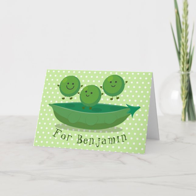 Cute jumping peas in pod cartoon illustration card (Front)