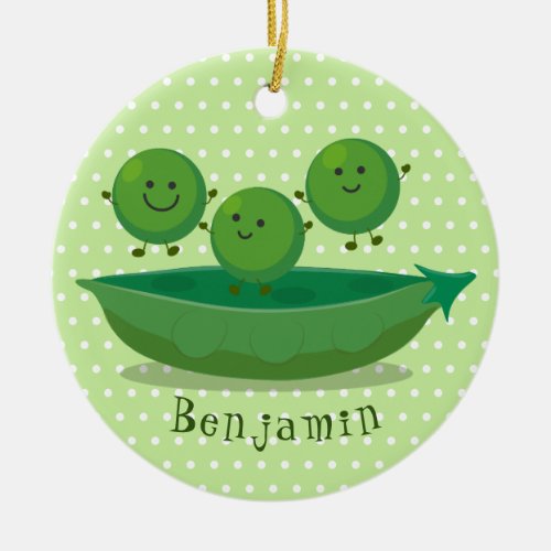 Cute jumping peas in pod cartoon illustration ceramic ornament
