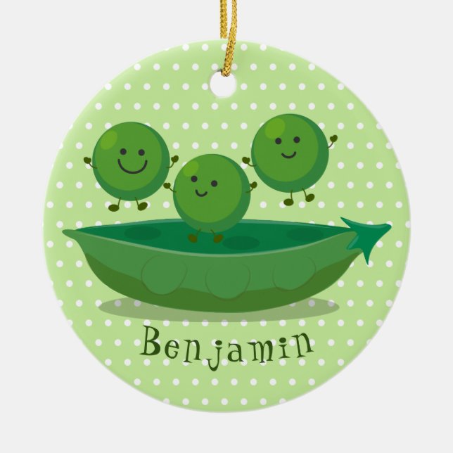 Cute jumping peas in pod cartoon illustration ceramic ornament (Front)
