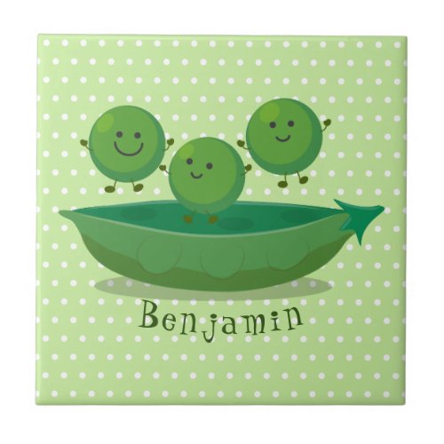 Cute jumping peas in pod cartoon illustration ceramic tile