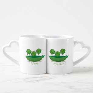 Cute jumping peas in pod cartoon illustration coffee mug set