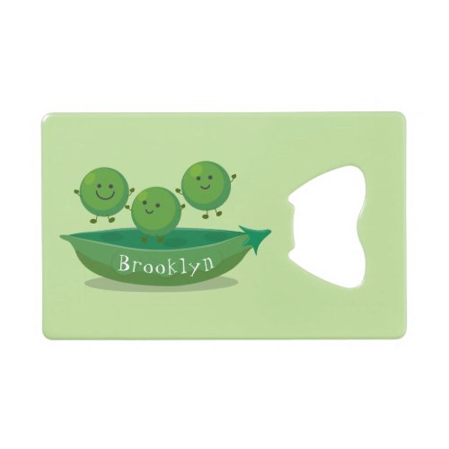 Cute jumping peas in pod cartoon illustration credit card bottle opener