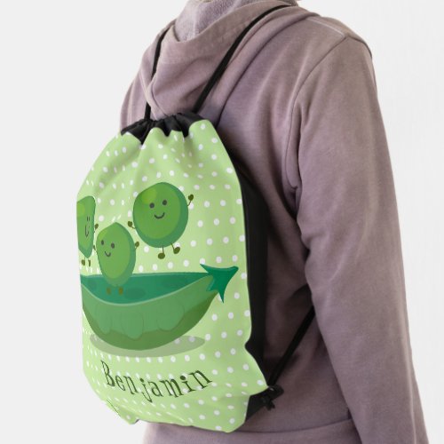 Cute jumping peas in pod cartoon illustration drawstring bag