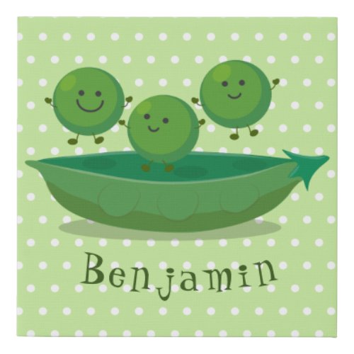 Cute jumping peas in pod cartoon illustration faux canvas print